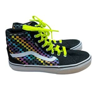Vans Sk8-Hi Kids Rainbow Checkerboard High Top Sneakers Black Neon Yellow - Sz 4